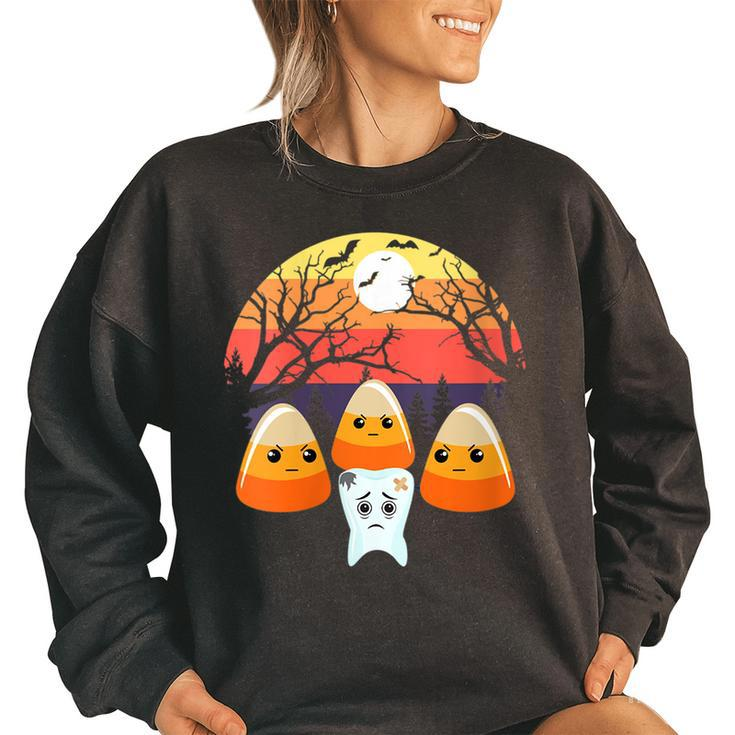 Tooth Decay Candy Corn Halloween Spooky Trick Or Treat Th  Women Oversized Sweatshirt