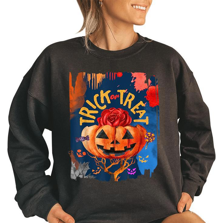 Trick Or Treat Vintage Halloween Pumpkin Rose Women  Pumpkin Funny Gifts Women Oversized Sweatshirt
