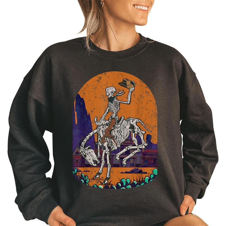 Western Country Cowgirl Cowboy Skeleton Halloween Spooky Women Oversized Sweatshirt