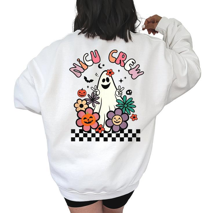 Retro Halloween Nicu Crew Nurse Groovy Floral Ghost Boo Women's Oversized Sweatshirt Back Print