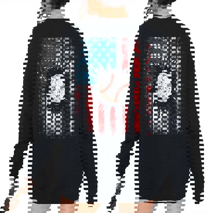American Baseball Us Flag 4Th Of July Boys Baseball Women's Oversized Sweatshirt Back Print