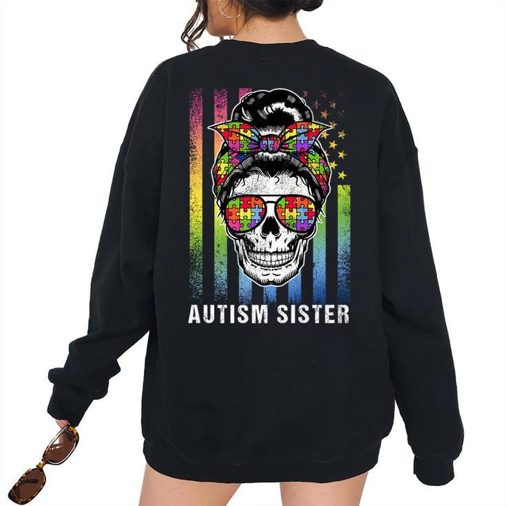 Autism Sister Cool Messy Bun Girl Usa American Flag Vintage For Sister Women's Oversized Sweatshirt Back Print
