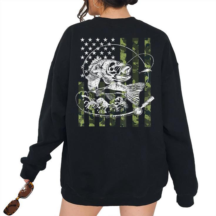 Camouflage American Flag Fishing For Men Women Boys Fishing Women's Oversized Sweatshirt Back Print
