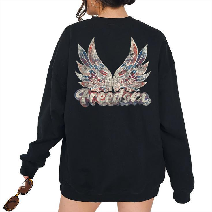Freedom Wings July 4Th Patriotic Retro Angel Wings Usa Patriotic Women's Oversized Sweatshirt Back Print