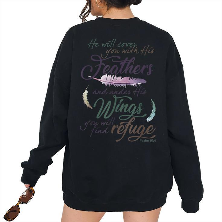 Psalm 91 4 Under His Wings You Will Find Refuge Women's Oversized Sweatshirt Back Print