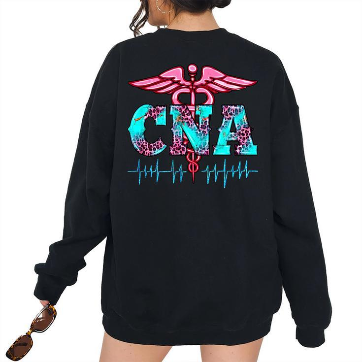 Vintage Leopard Heartbeat Cna Certified Nursing Assistant Women's Oversized Sweatshirt Back Print