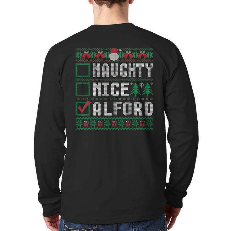Alford Family Name Xmas Naughty Nice Alford Christmas List Back Print Long Sleeve T-shirt