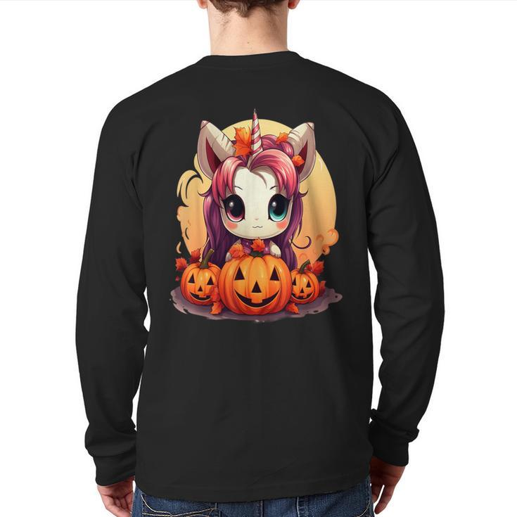 Autumn Halloween Costume Kawaii Pumpkin Unicorn Magic Back Print Long Sleeve T-shirt