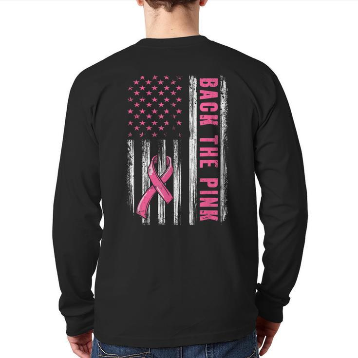 Back The Pink Ribbon American Flag Breast Cancer Awareness Back Print Long Sleeve T-shirt