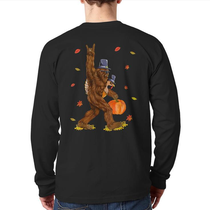 Bigfoot Pilgrim Turkey Pumpkin Thanksgiving Sasquatch Men Back Print Long Sleeve T-shirt