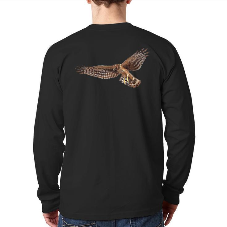 Birding Harrier Hawk Marsh Hawk Pocket-Style Emblem Back Print Long Sleeve T-shirt