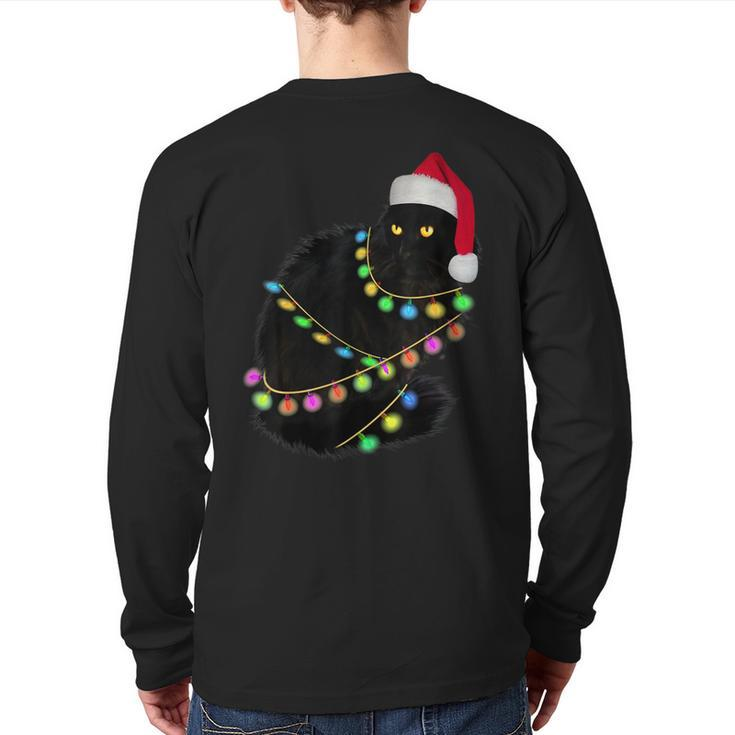 Black Cat Santa Hat Light Tree Ugly Christmas Sweater Back Print Long Sleeve T-shirt