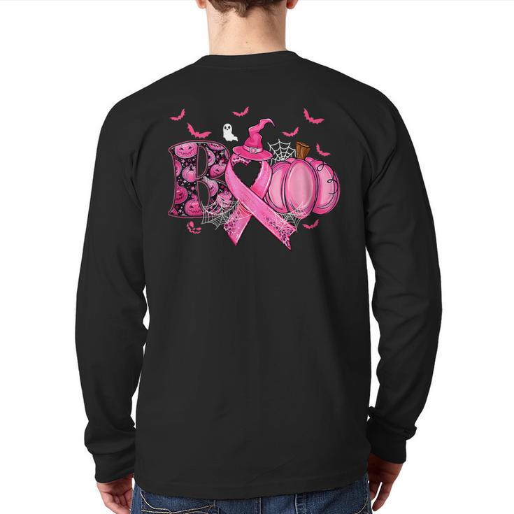 Boo Pumpkin Pink Ribbon Witch Breast Cancer Ghost Halloween Back Print Long Sleeve T-shirt
