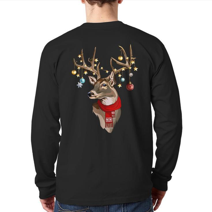 Buck Deer Antlers Christmas Lights Scarf Xmas Party Back Print Long Sleeve T-shirt