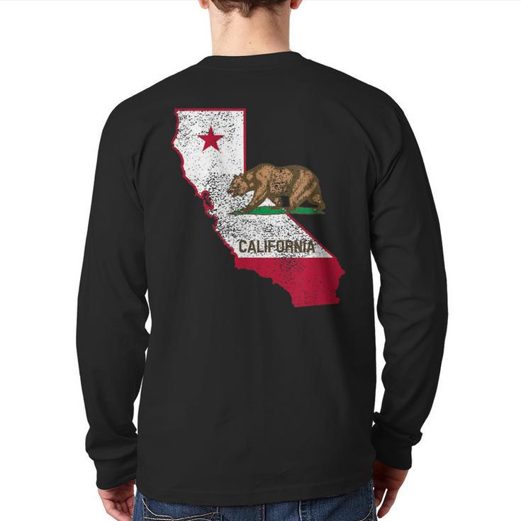 California State Flag And Outline Distressed Back Print Long Sleeve T-shirt