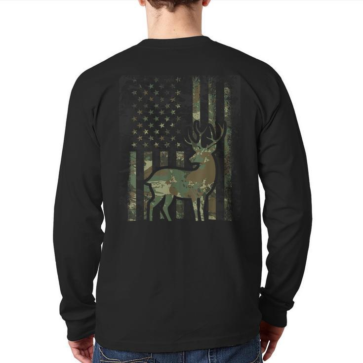 Camo American Flag Buck Hunting For Deer Hunter Back Print Long Sleeve T-shirt