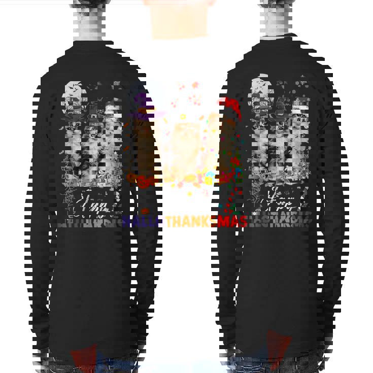 Cat Halloween Christmas Happy Hallothanksmas Thanksgiving Back Print Long Sleeve T-shirt
