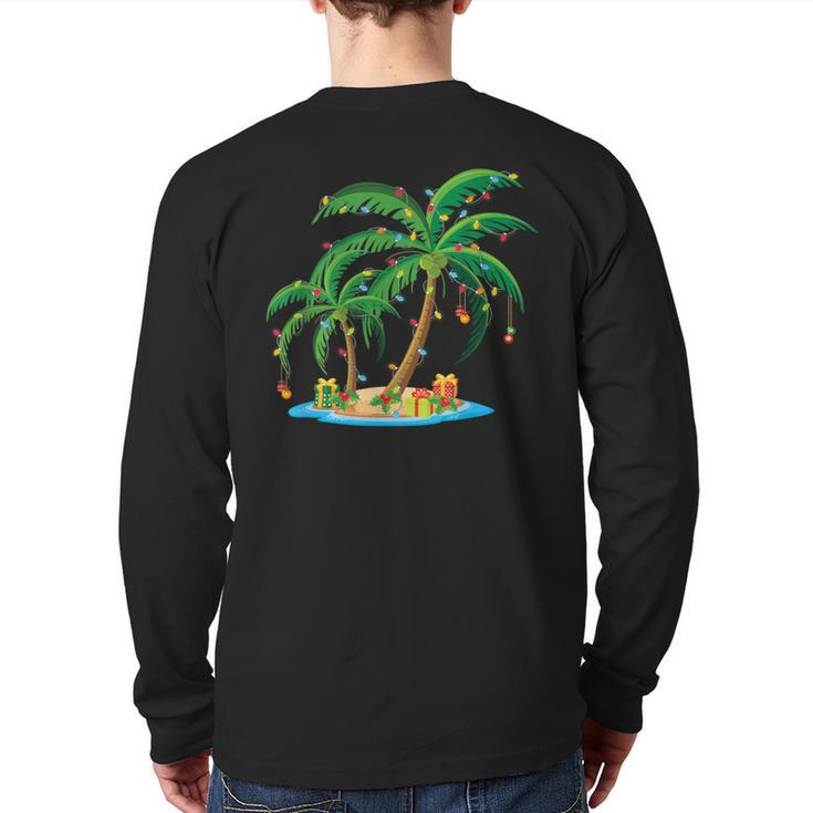 Christmas Palm Tree Tropical Xmas Coconut Lights Pajama Back Print Long Sleeve T-shirt
