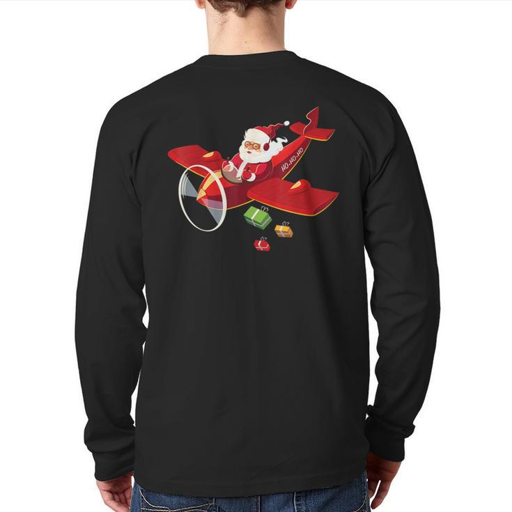 Christmas Santa Claus Pilot Flying Airplane Back Print Long Sleeve T-shirt