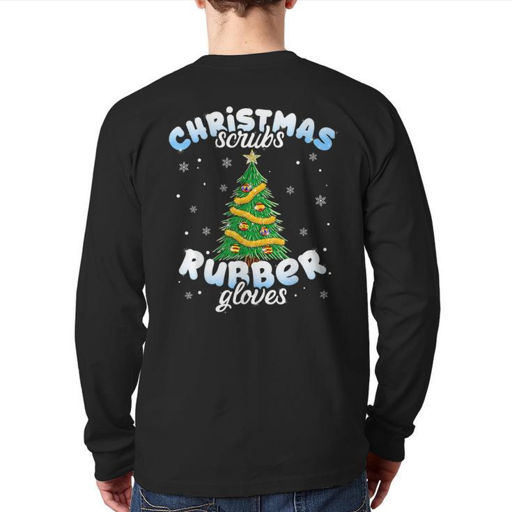 Christmas Scrubs Rubber Gloves Scrub Top Cute Tree Lights Back Print Long Sleeve T-shirt