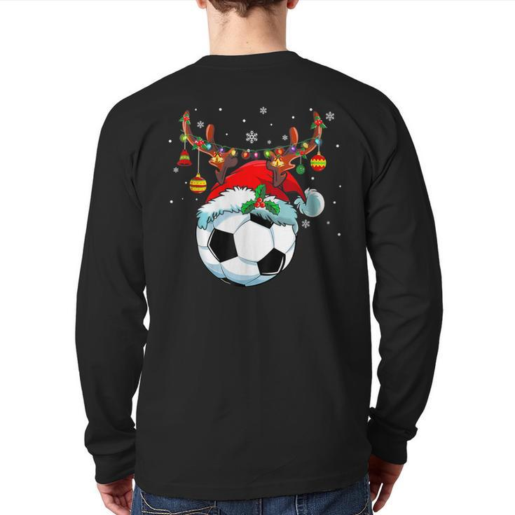 Christmas Soccer Player Santa Hat Lights Ball Xmas Pajama Back Print Long Sleeve T-shirt