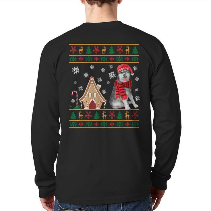 Christmas Ugly Sweater Siberian Husky Santa Hat Reindeers Back Print Long Sleeve T-shirt