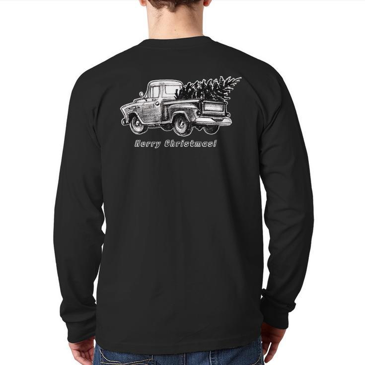 Classic Vintage Retro Stepside Pickup Truck Christmas Tree Back Print Long Sleeve T-shirt