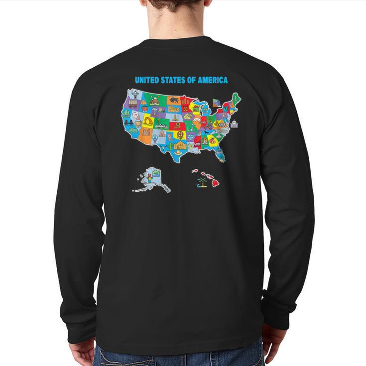 Colorful United States Of America Map Us Landmarks Icons Back Print Long Sleeve T-shirt