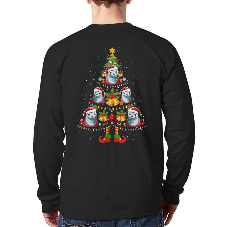 Crabeater Seal Santa Hat Christmas Tree Light Xmas Pajama Back Print Long Sleeve T-shirt