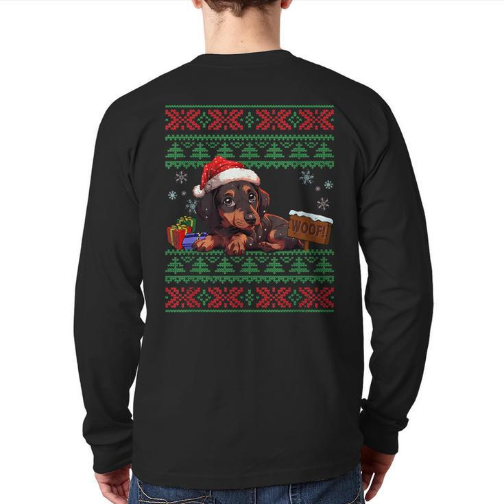 Cute Dachshund Dog Lover Santa Hat Ugly Christmas Sweater Back Print Long Sleeve T-shirt