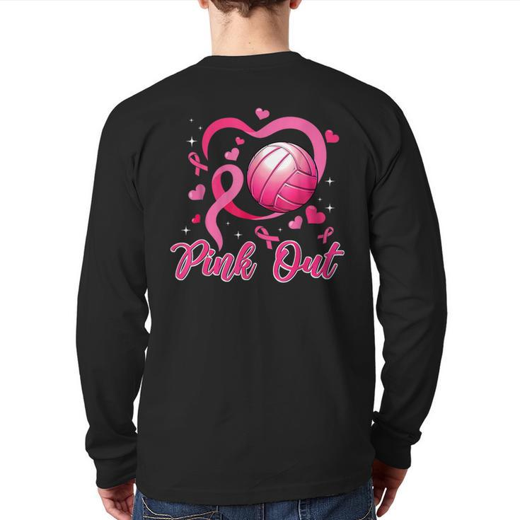 Cute Pink Out Volleyball Breast Cancer Awareness Pink Ribbon Back Print Long Sleeve T-shirt