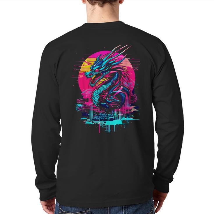 Cyberpunk Dragon Retro Futuristic Outrun Synthwave Back Print Long Sleeve T-shirt