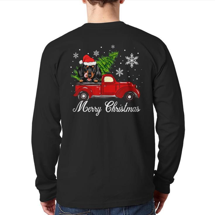 Dachshund Dog Riding Red Truck Christmas Decorations Pajama Back Print Long Sleeve T-shirt