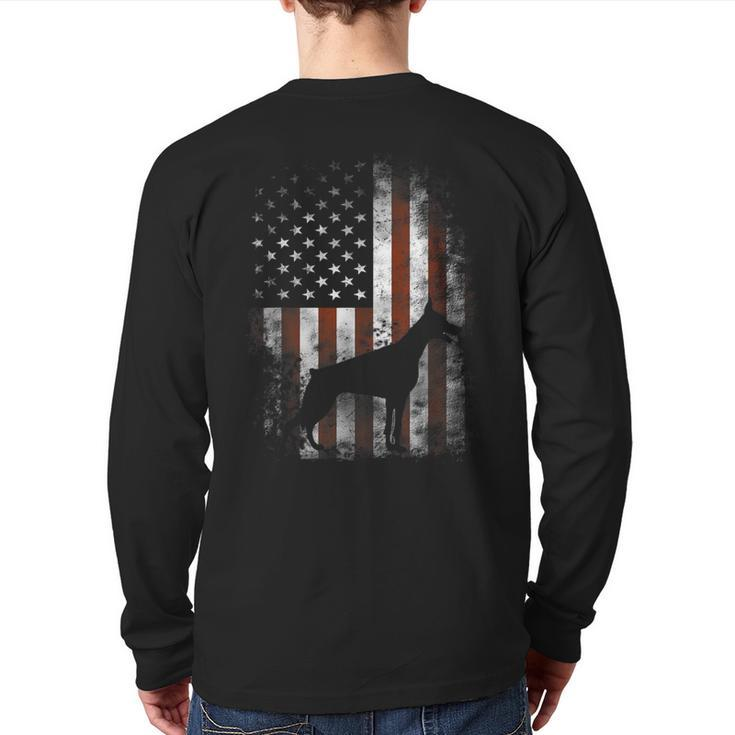 Doberman Pinscher American Flag Patriotic Back Print Long Sleeve T-shirt