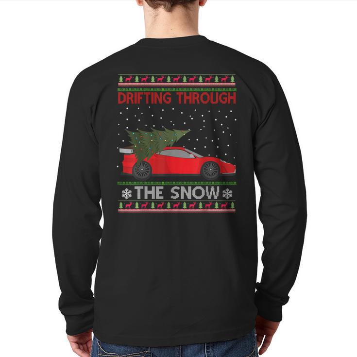 Drifting Through The Snow Ugly Christmas Sweater Tree Car Back Print Long Sleeve T-shirt