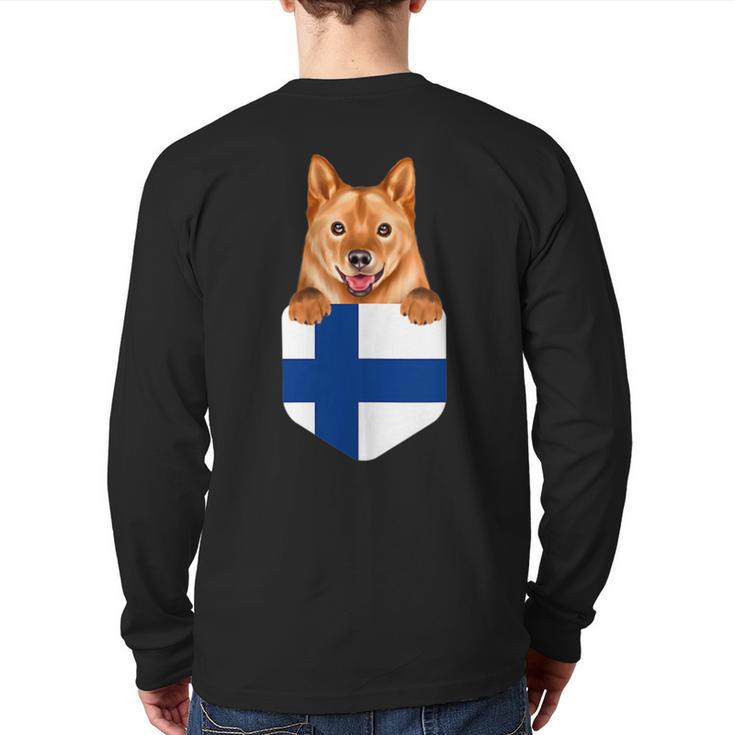 Finland Flag Finnish Spitz Dog In Pocket Back Print Long Sleeve T-shirt