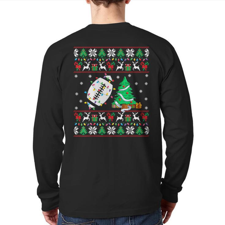 Football Ugly Christmas Sweater Football Player Xmas Lights Back Print Long Sleeve T-shirt