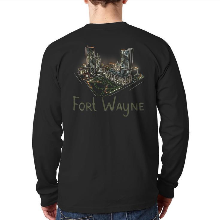 Fort Wayne City Panorama At Night Back Print Long Sleeve T-shirt