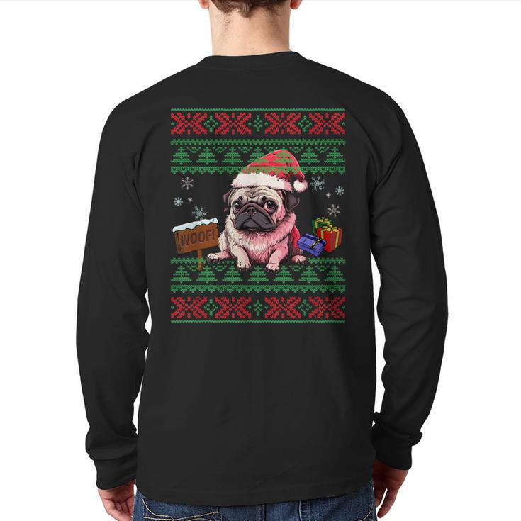 Dog Lovers Cute Pug Santa Hat Ugly Christmas Sweater Back Print Long Sleeve T-shirt