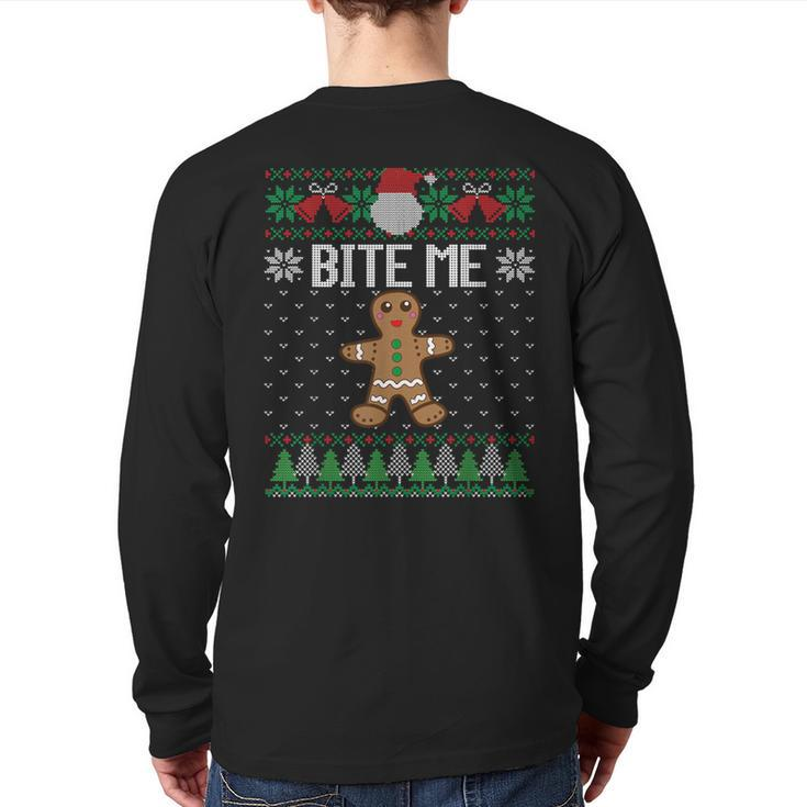 Ugly Christmas Sweater Bite Me Gingerbread Man Back Print Long Sleeve T-shirt
