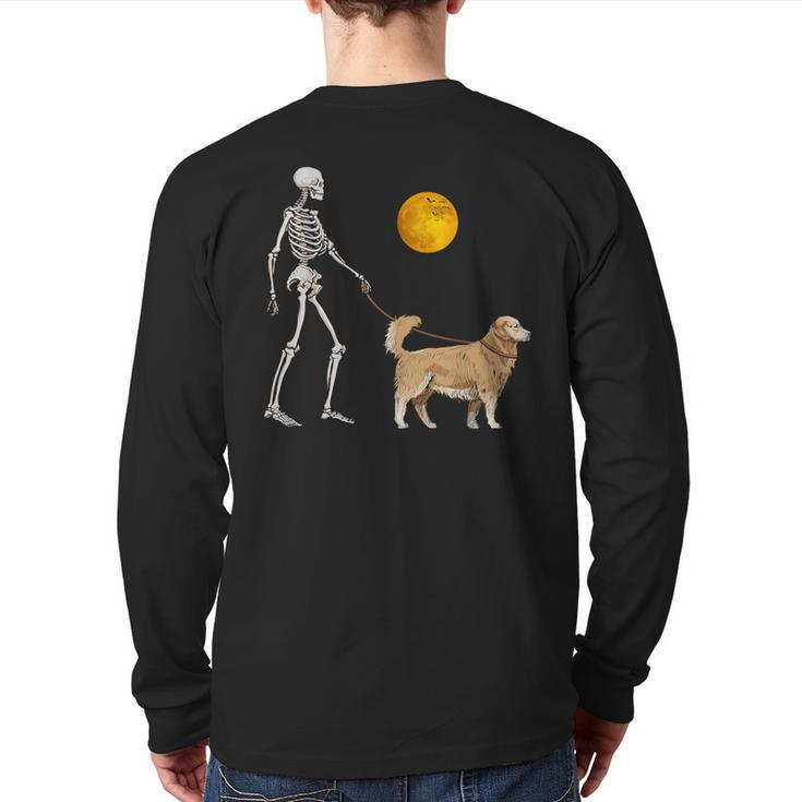 Golden Retriever Skeleton Dog Walking Halloween Costume Back Print Long Sleeve T-shirt