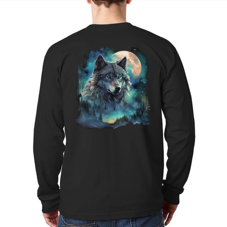 Grey Wolf Hunting Grounds Icy Moon Forest Galaxy Back Print Long Sleeve T-shirt
