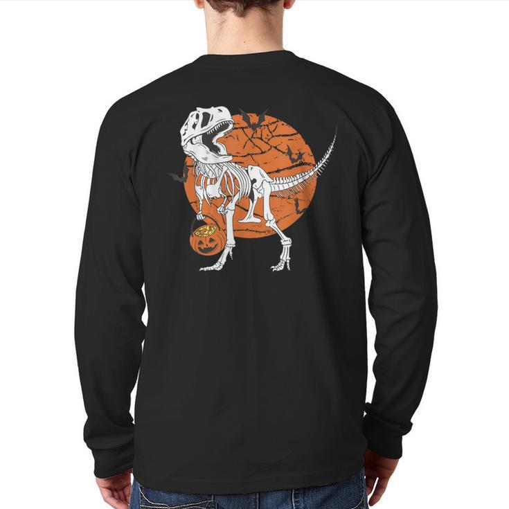 Halloween Boys Dinosaur Skeleton T Rex Scary Pumpkin Moon Back Print Long Sleeve T-shirt
