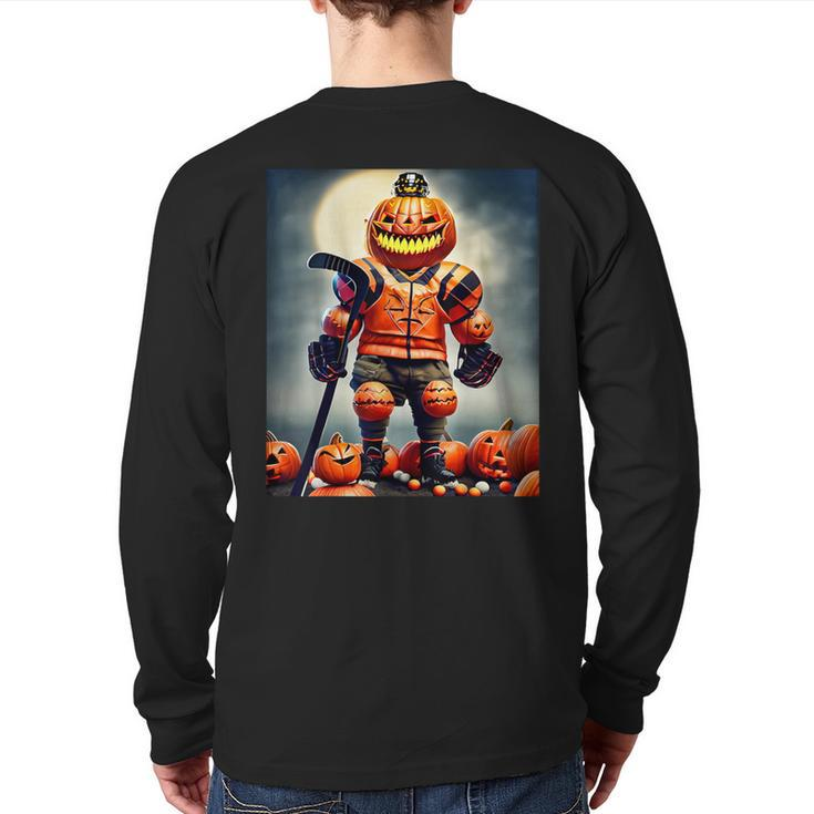 Halloween Hockey Season Pumpkin Player Back Print Long Sleeve T-shirt