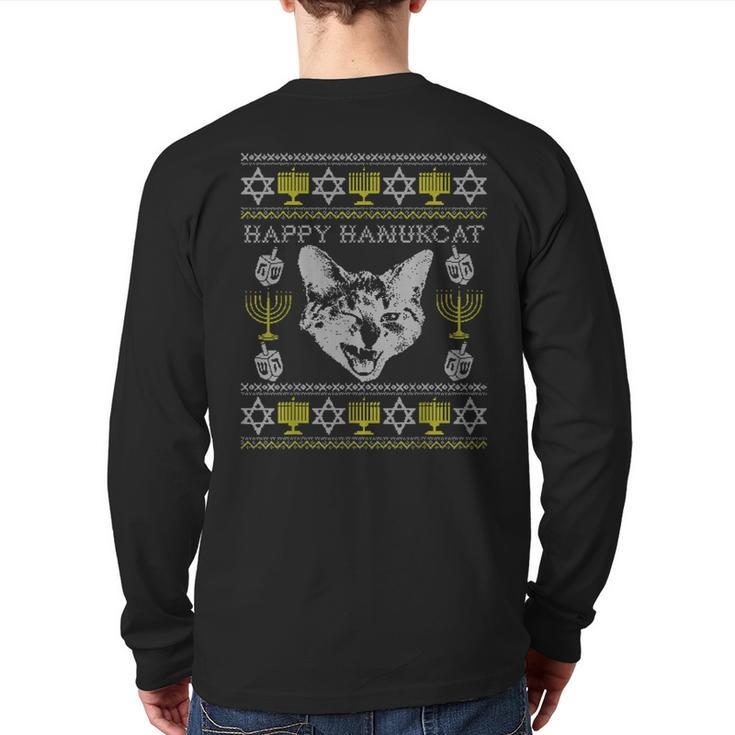 Happy Hanukcat Hannukah Jewish Cat Ugly Christmas Sweater Back Print Long Sleeve T-shirt