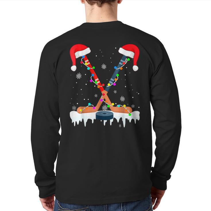 Hockey Santa Hat Christmas Lights Sport Boys Xmas Pjs Back Print Long Sleeve T-shirt
