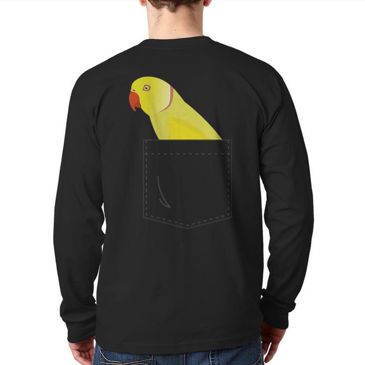 Indian Ringneck Parakeet Yellow Parrot Fake Pocket Back Print Long Sleeve T-shirt
