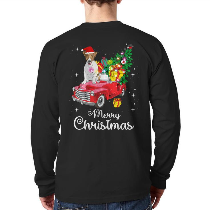 Jack Russell Terrier Ride Red Truck Christmas Pajama Back Print Long Sleeve T-shirt