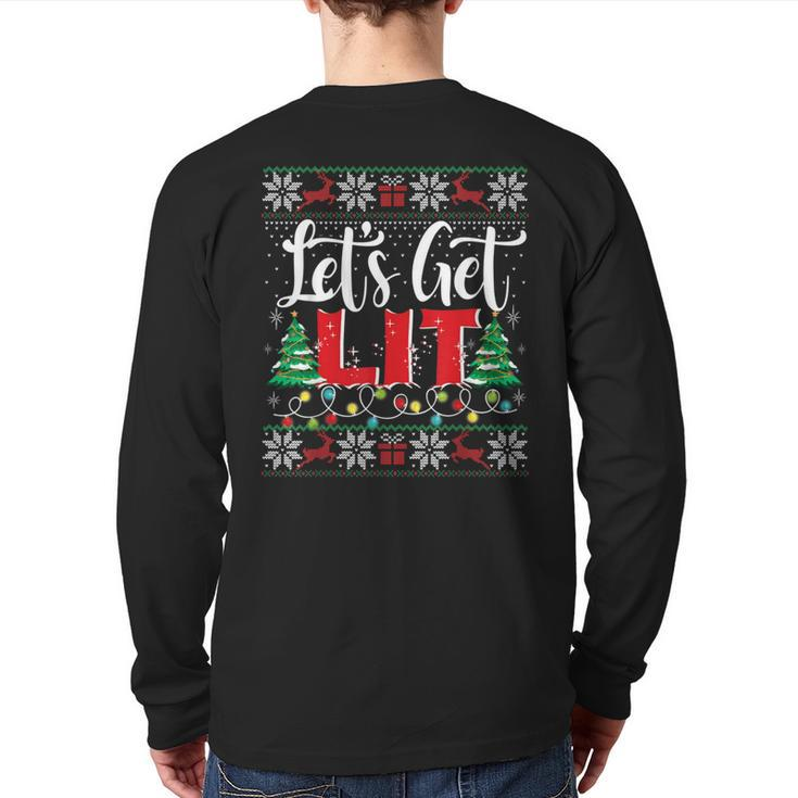Let's Get Lit Christmas Lights Ugly Sweater Xmas Drinking Back Print Long Sleeve T-shirt