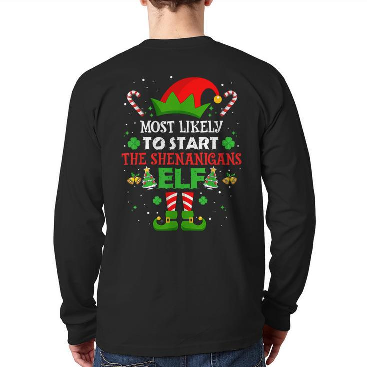 Most Likely To Start The Shenanigans Elf Christmas Family Back Print Long Sleeve T-shirt